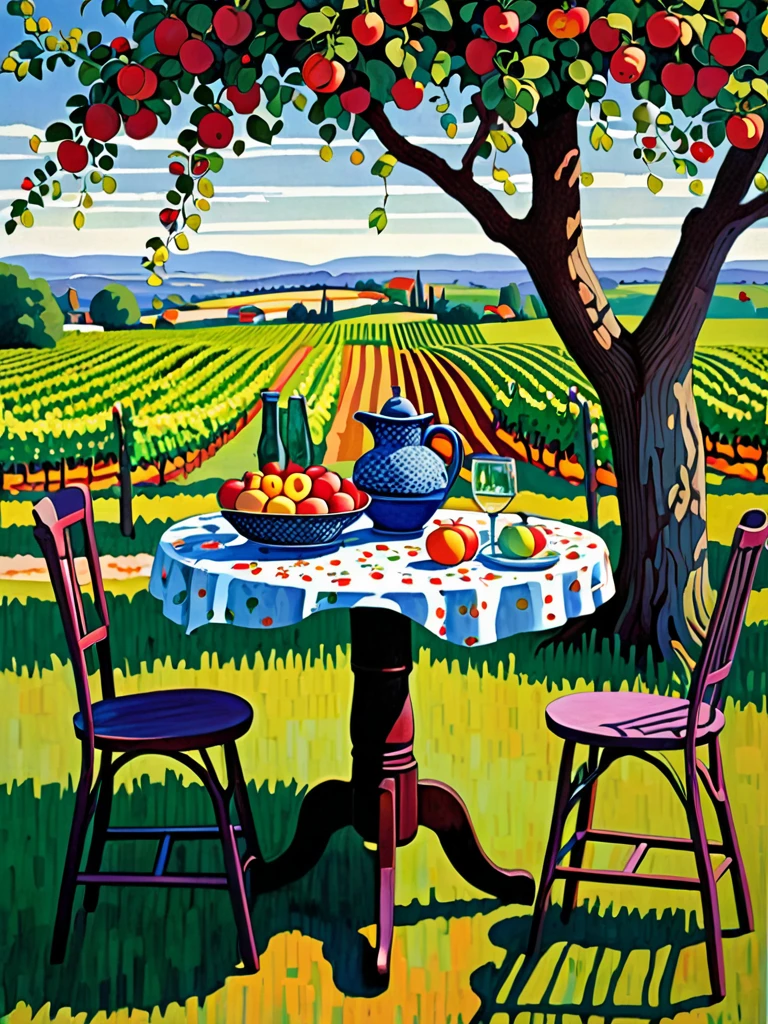 painting of a table with a vase of flowers, a pitcher of wine, and a plate of fruit, an idyllic vineyard, inspired by Charles Ginner, apple trees, standing in an apple orchard, colorful scene, apple tree, garden with fruits on trees, idyllic and fruitful land, colorful landscape painting, published art, summer setting, courful illustration