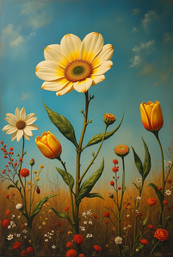 3D, don't use any flowers in the surreal painting, use Dali and Bretos techniques combined for the image. ,the message is that art is alive , the style my real, 48k rules of thirds cinematic