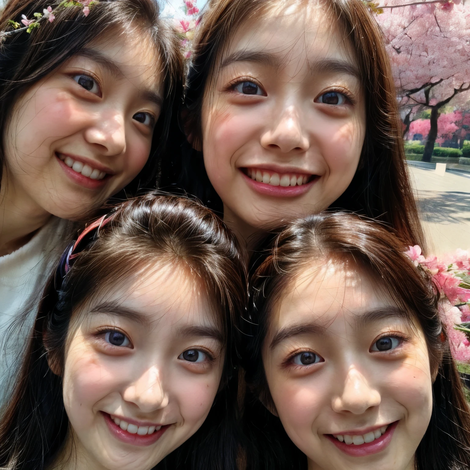 Highest_quality, (masterpiece:1.2) High resolution photos, (Realistic and realistic、And raw々New touch:1.37), (Panorama) (Group photo:1.6), (((Female ))) (Surround the camera), (Having various faces), (Nogizaka face variations:1.4), Wearing, { (Looking down at the camera) | (Kiss face to face) }, (((close:1.4, Face closeup from below:1.4))), (((Sky Background) With Cherry Blossoms)) . BREAK Extremely isetailed KAWAII face variations, Captivating Gaze, With a sharp eye (Shining Highlights:1.2), Long eyelashes、Glossy REis Lips with beautiful details, Coquettish Tongue, Rosy Cheeks, Shiny ivory skin . (isynamic joyful expressions | :is), Childish .