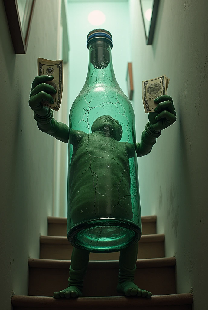 imagine a bottle have hands and have some cracks on bottle and he have some money with his one hand and in other hand he is securing his life and slipping from stairs