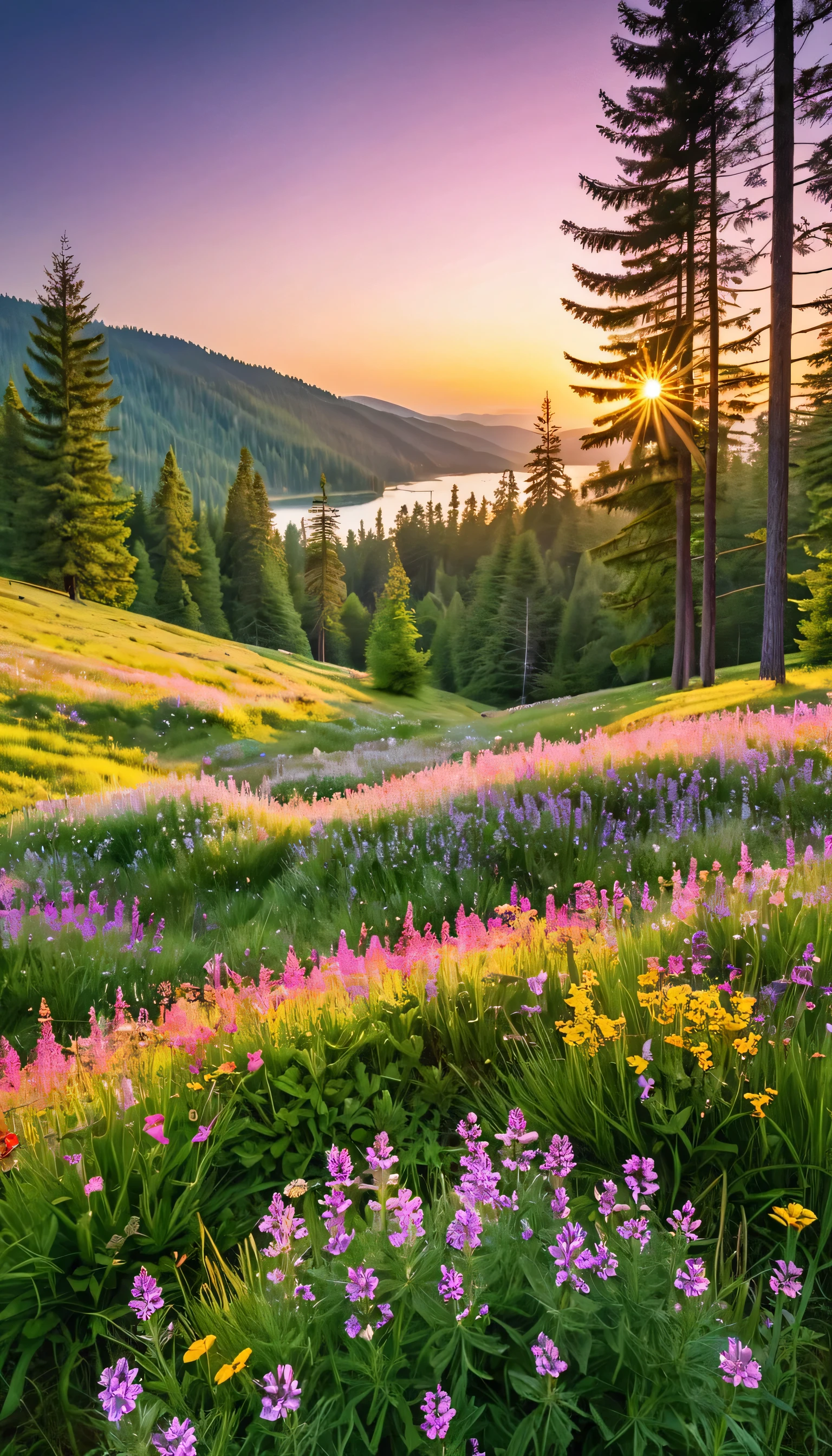 Create an idyllic landscape featuring a vibrant meadow filled with colorful wildflowers in full bloom. The flowers, predominantly pink with a mix of yellow and purple, are bathed in warm sunlight. In the background, lush green hills roll gently, leading to a dense forest of tall, dark green pine trees. The sun is setting, casting long golden rays across the scene, creating a serene and peaceful atmosphere. The sky above is clear with soft clouds, and the entire scene exudes a sense of tranquility and natural beauty, as if capturing a perfect moment in nature.
