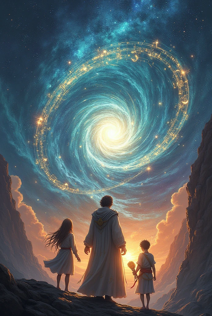 (pThe Melody of the Cosmos
Concept: The cover showcases a grand, swirling vortex of musical notes and cosmic energy, with the universe itself appearing to be shaped by the music. At the center of this vortex is Kara holding musical instrument, Ren her male best friend with a protective stance,her uncle Aric with a mysterious aura .The background is a blend of deep space and vibrant music notes, creating a sense of infinite possibilities.
Mood: Majestic, epic, and full of cosmic mystery,Dramatic, intense
Make an ebook covered based on this, make characters faces in front