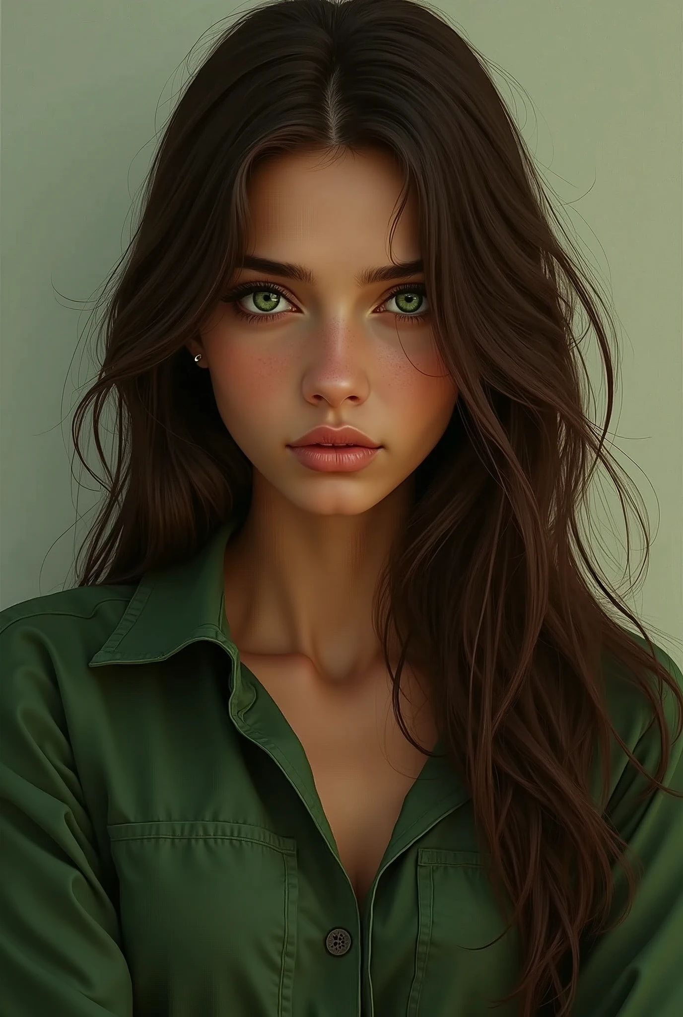 20 year old girl, His hair is long and brown, Her eyes are green, Her skin is brown, square face, His expression is serious and cold, His clothes are in shades of green and brown.