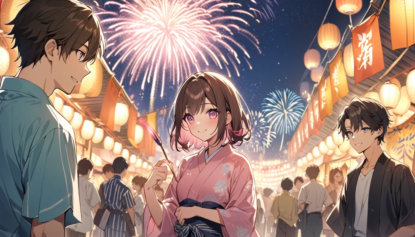 good looking, 2 high school students,Date,Medium Hair, Dark brown hair, Pink highlights on the tip, Pale pink eyes,Smile Facial,yukata,Fireworks in the night sky,festival,Meeting