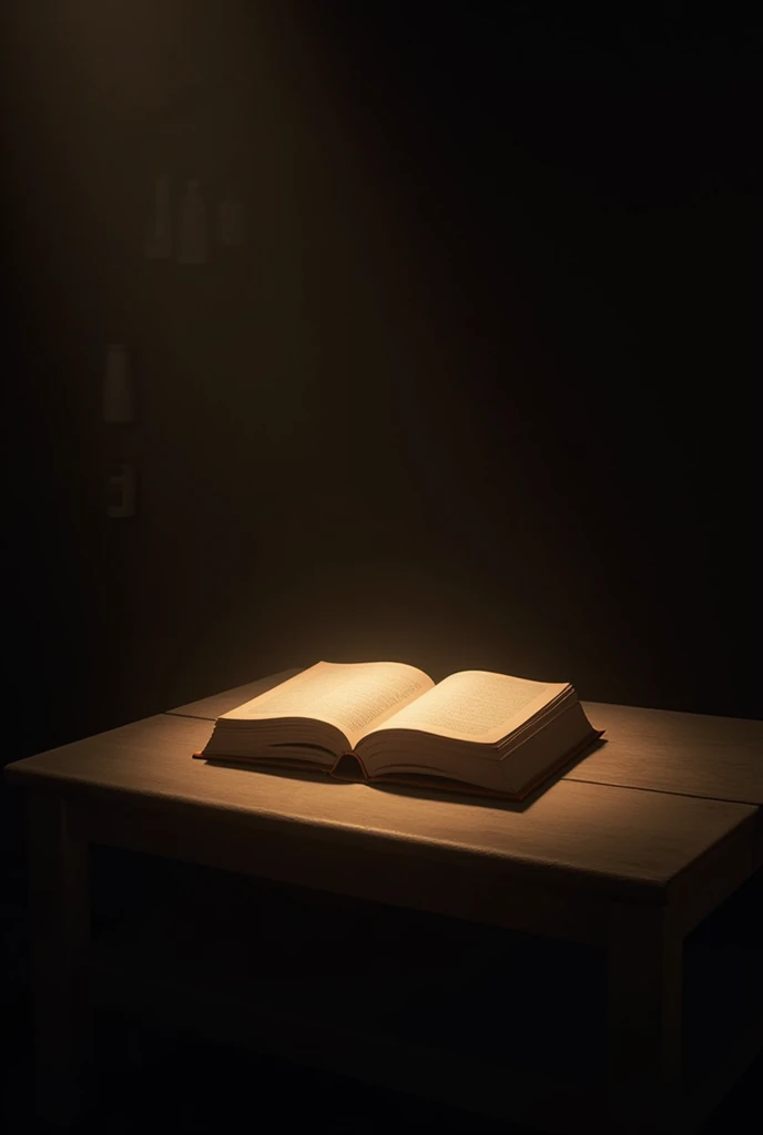 A dimly lit table with the book gently illuminated