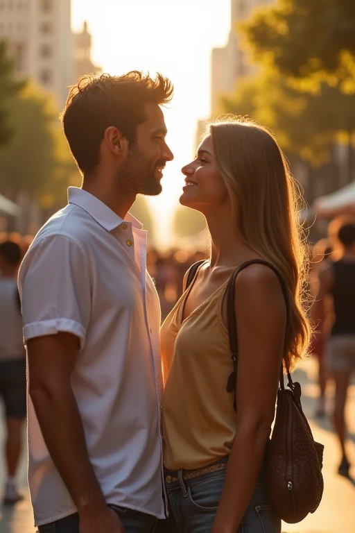 "A young American couple, casually dressed for summer, standing close together in a crowded city street. The man, deeply focused on the woman, is captivated by her presence, while the woman is smiling, but her attention seems elsewhere, unaware of his intense feelings. The scene captures a warm summer day, with sunlight casting a soft glow over them. In the background, the busy crowd is blurred, emphasizing the connection between the couple. The setting shows a moment not captured on social media, highlighting an intimate and unspoken bond. The overall mood is a mix of affection and subtle distance, with the man's love evident in his gaze."