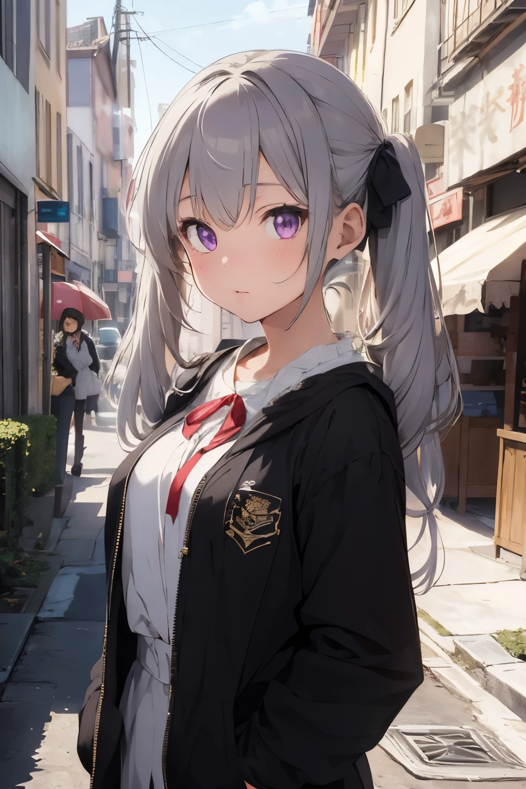 Prompt bishoujo,{best quality}, {{masterpiece}}, {highres}, original, extremely detailed 8K wallpaper, 1girl, {an extremely delicate and beautiful}, bangs, silver hair/purple eyes, blush,twintails,flat_chest,neck ribbon,coat,shirt,eyes visible through hair,full body, {gun},young girl,street,{{{masterpiece}}},best quality,Amazing,finely detail,solo,{{floating hair}},detailed background,beautiful detailed eyes