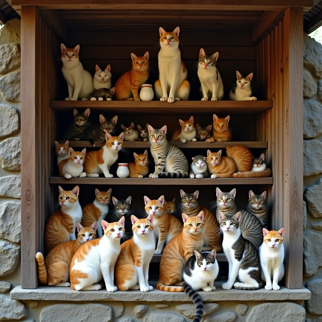 The cat shrine where there are so many real cats live happily and people donate for them