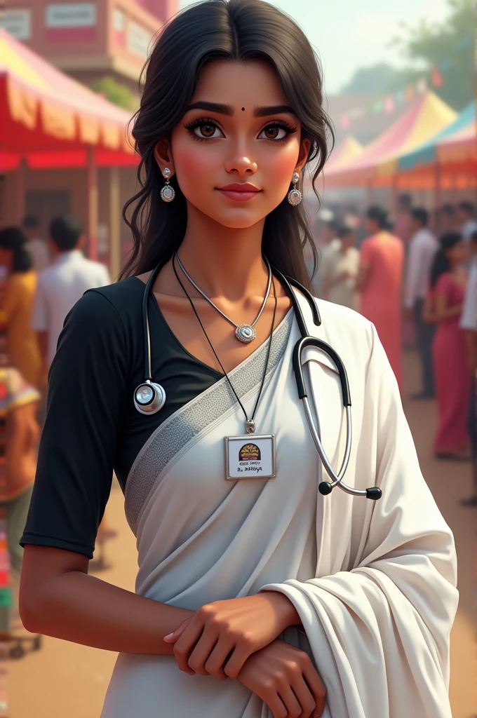 A indian fair girl wear saree. Saree blouse is black and full sleeved and it has collars. Saree is white in colour and it has black lines and she wear a white doctor coat too. She wear stethescope on her neck. Her coat has a name batch which is named "Dr. Roshiya"