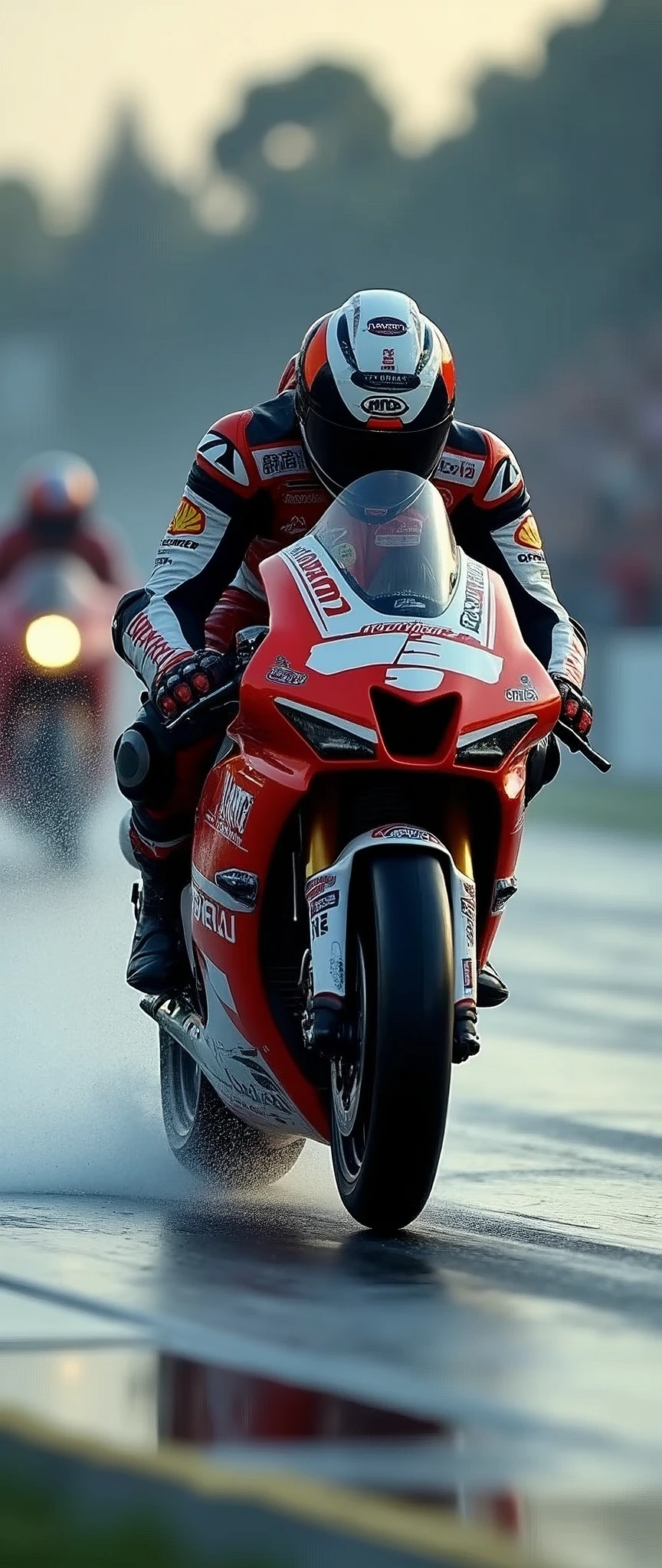 The image captures a moment of high-speed motorcycling, likely during a competitive event given the presence of an audience and the racing attire of the rider. The focus on the motorcycle and rider conveys a sense of motion and precision. The wet track conditions suggest recent rain, which can affect the grip and handling of the bike. The lighting and shadows indicate either early morning or late evening, times when races are often held to avoid the heat of midday. The helmet and suit are designed for safety and aerodynamics, with sponsor logos indicating professional involvement. The blurred background emphasizes the speed of the motorcycle and the intensity of the moment.