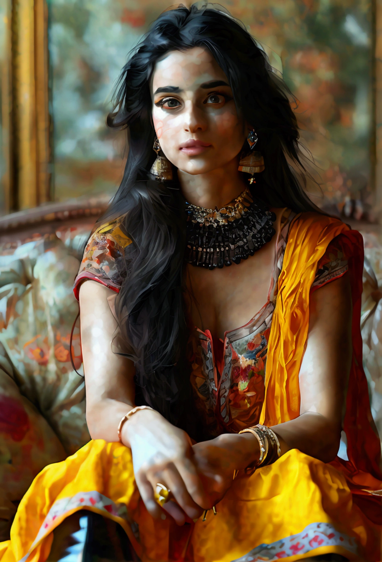 4k ultra realistic high quality 3d model of gorgeous beautiful Indian girl (Punjabi mix himachali) sitting on couch in the center of the professional fashion photoshoot in the professional studio with white background sheet, She looked stunning in her tight salwar and kameez suit that perfectly accentuated her curves, and a pair of thigh-high black patent leather boots that added an edge to her style. Her wedding necklace glinted in the sunlight, and the red bangles on her wrists clinked softly as they moved. Her silky straight long hairs are untied. With aesthetic studio lights and shadows. photoreal image. Boss girl attitude. Husband on leash licking her boots cleaning them. Photorealistic. Detailed and attractive. Femdom domina. Her foot worshiping