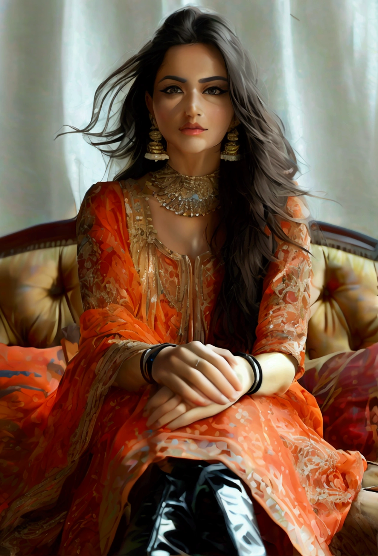 4k ultra realistic high quality 3d model of gorgeous beautiful Indian girl (Punjabi mix himachali) sitting on couch in the center of the professional fashion photoshoot in the professional studio with white background sheet, She looked stunning in her tight salwar and kameez suit that perfectly accentuated her curves, and a pair of thigh-high black patent leather boots that added an edge to her style. Her wedding necklace glinted in the sunlight, and the red bangles on her wrists clinked softly as they moved. Her silky straight long hairs are untied. With aesthetic studio lights and shadows. photoreal image. Boss girl attitude.  Husband on leash  licking her boots cleaning  them. Photorealistic. Detailed and attractive. Femdom domina. Her foot worshiping 