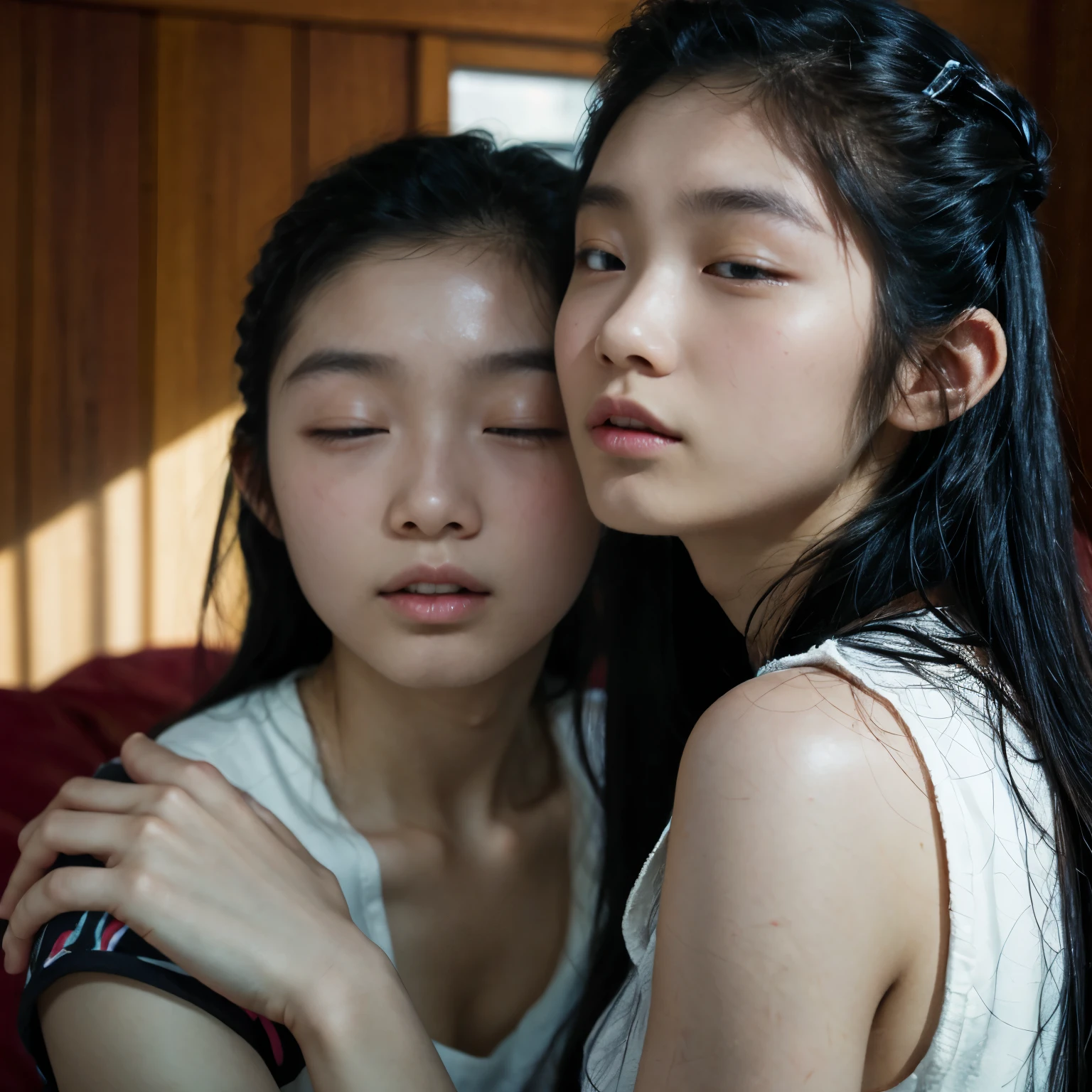 Two people、Identical twin sisters、(Highest quality, 8k, 32K), (RAW Photos, Highest quality), (Realistic, Photorealistic:1.3), masterpiece, 8k、RAW Photos、(Masseter muscle area)1.5、(Highest quality)1.5、High resolution、look up,(With a girl)、(Realistic、Photorealistic:1.5), (close your eyes):1.0, (Open your mouth):1.5. Real Numbers、Hug me from behind、Upper Body、Black Hair, 19 years old Japanese, cute, white cotton sleeveless、skinny、14 years(())1.8、close your eyes、深いsorrow、sorrow、空をlook up、shout、Bedroom、Background Blur