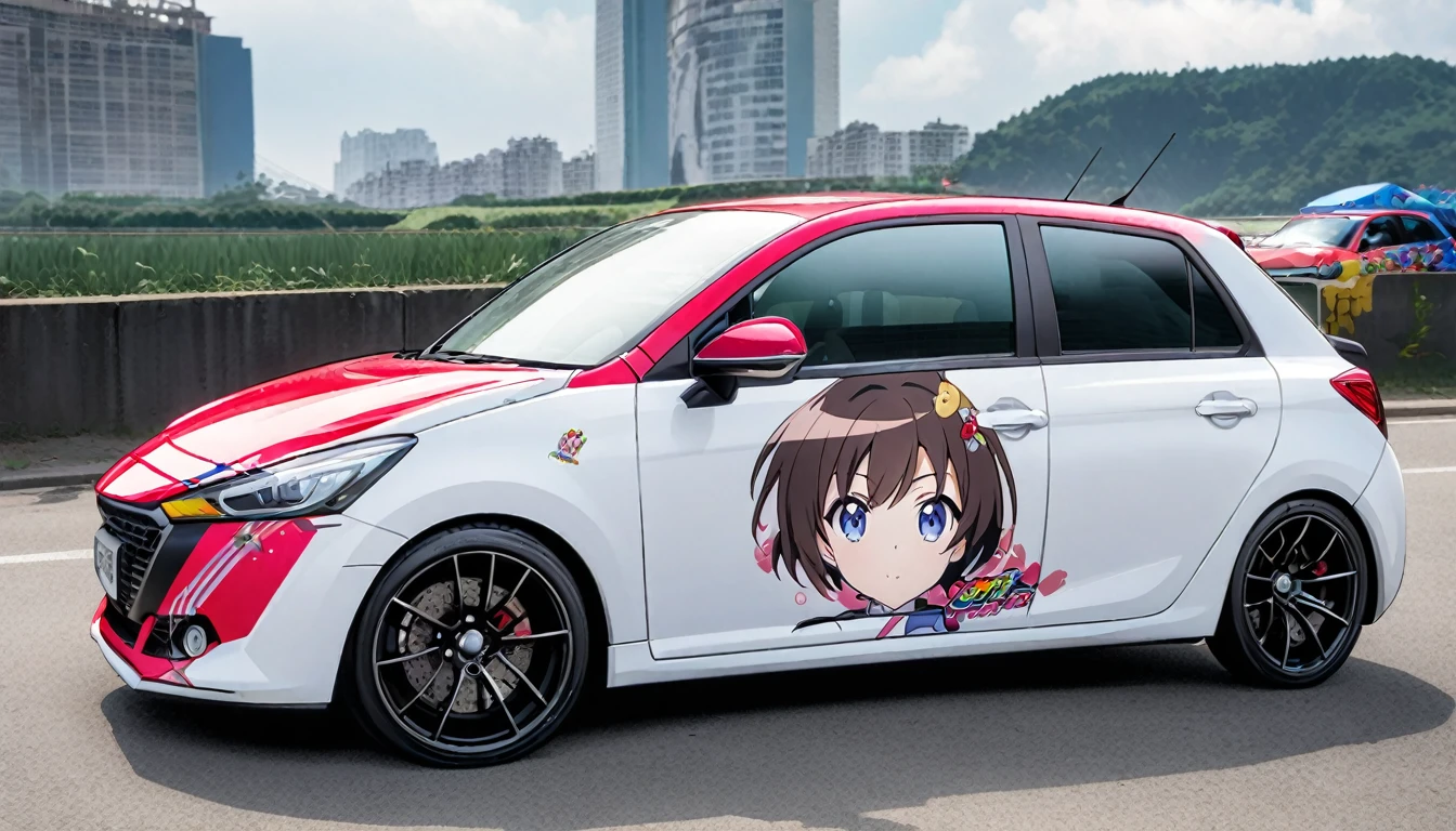 Anime Character Decoration Car, Car photography, The car is vividly designed with anime character decals all over., Portraiture