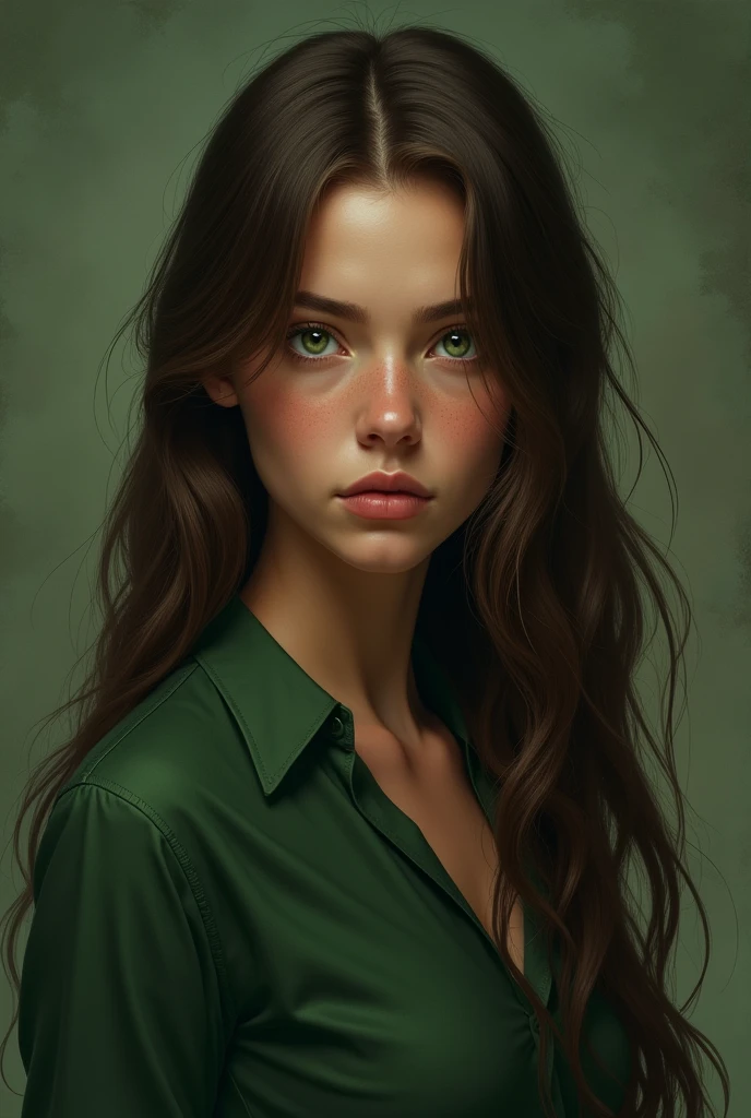 20 year old girl, His hair is long and brown, Her eyes are green, Her skin is brown, square face, His expression is serious and cold, His clothes are in shades of green and brown.