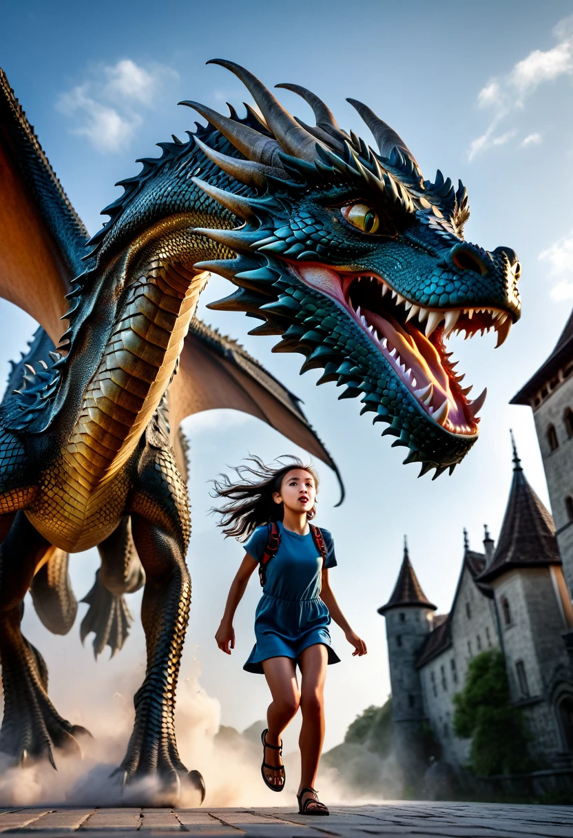 1girl, tall girl chased by a dragon, super detailed, intricate, extreme quality photoshot, DSLR, UHD, 8k, dramatic light, dramatic exposure, ambient, front view, low angle shot