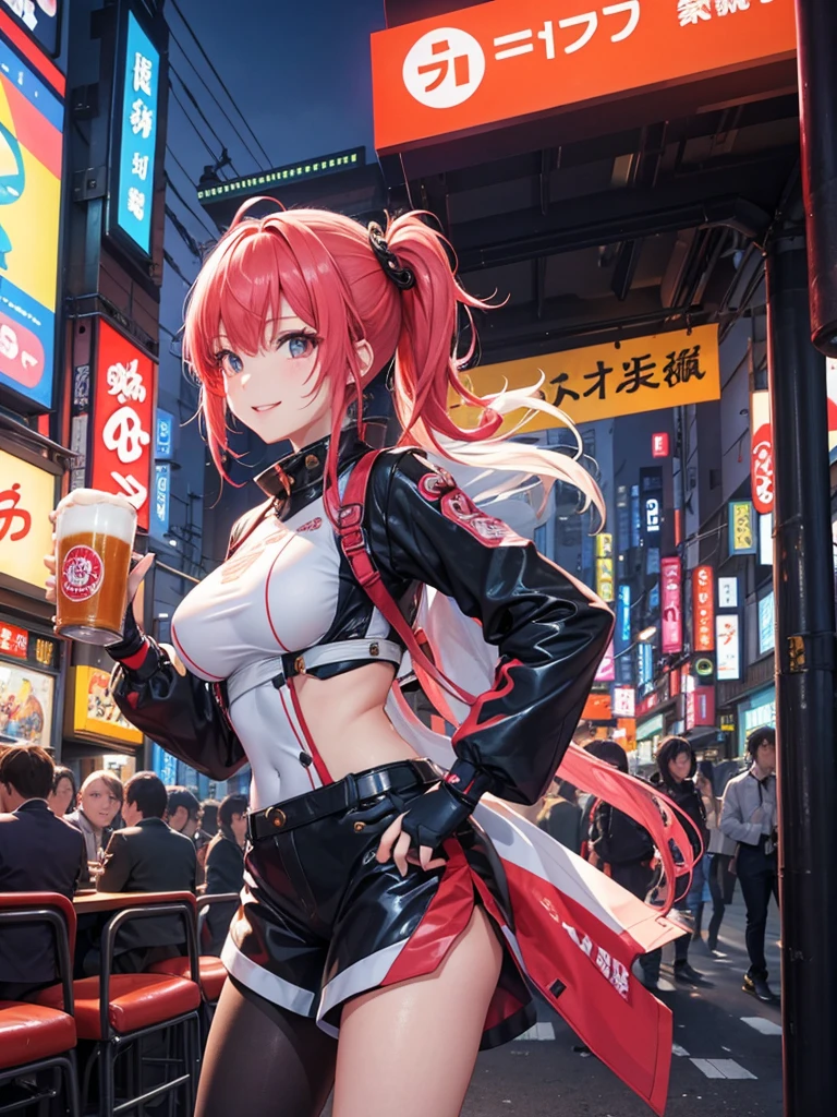 In a futuristic Tokyo setting, a lively Japanese girl is having a great time in a bustling izakaya, holding a large mug of beer in one hand and wearing a bright, cheerful smile. She’s dressed in trendy fashion with the latest hair color and hairstyle that reflects current trends. The surroundings are vibrant, with neon lights and sleek, modern décor that blends traditional and futuristic elements. She strikes a variety of poses, showing off her outfit and energy. The image should be highly detailed, with perfect and accurate anatomy, high resolution, and sharp clarity.