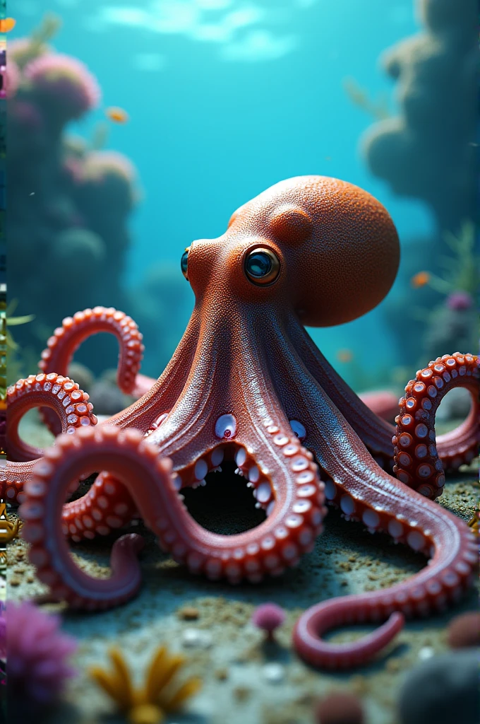 Render a scene where an octopus is using a tool (like a coconut shell or a piece of coral) to hide or access food, demonstrating its problem-solving abilities.