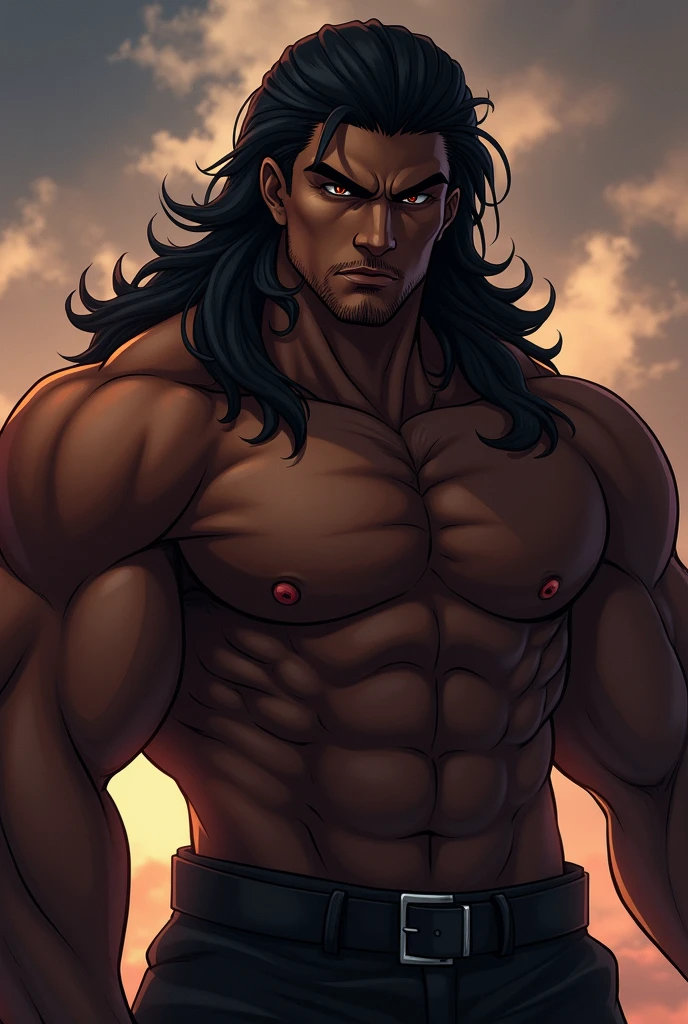 Black dude, high, muscled body, serious, long black and handsome hair, anime style