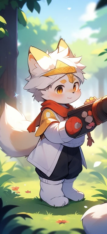 Unique,cannon,arctic fox,male,hairy,best quality,Boys,Shota,human nature,paw,hairy tail,Golden Sun Rune,Lovely,Sparkling golden eyes,White socks，Chinese Hanfu，holding a shining golden sword，Wearing a golden scarf