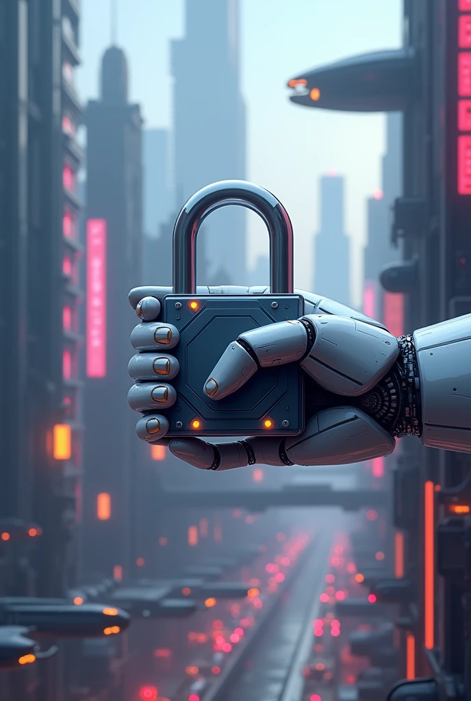 Futuristic padlock gripped by a futuristic hand, future city background
