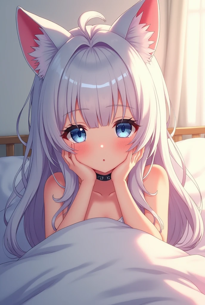 one girl, anime style, cat ears, shy, blush, choker, obedient, white long hair, light blue eyes, on bed