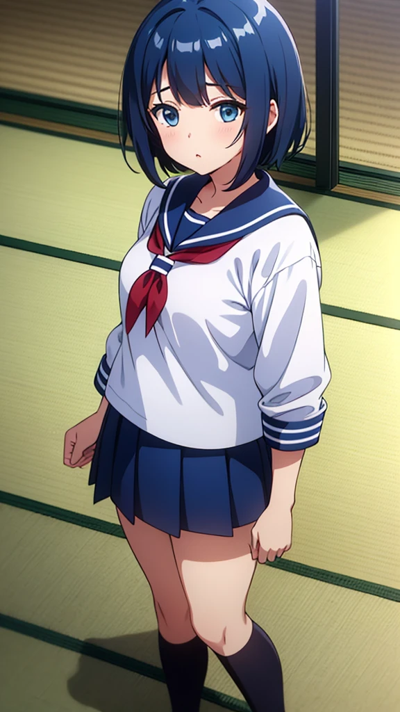 ((masterpiece, Highest quality, Very detailed, Very nice 8K CG wallpaper)), , A little thick, Medium Hair, Blue Hair, short hair, blue eyes,judo player、Sailor Style uniformS、Large bust、Sailor Suit、mini skirt、judo、Cute expression、InSide the judo GymnaSium、、On the tatami、discovery、One person'S、Full body standing、rest、Haruka Kiritani、BuSt Size C Cup、幼い頃judo家に育てられた、The strongest woman to win a tournament、Ninth Dan、The strongest woman who defeated the bully、Sweating