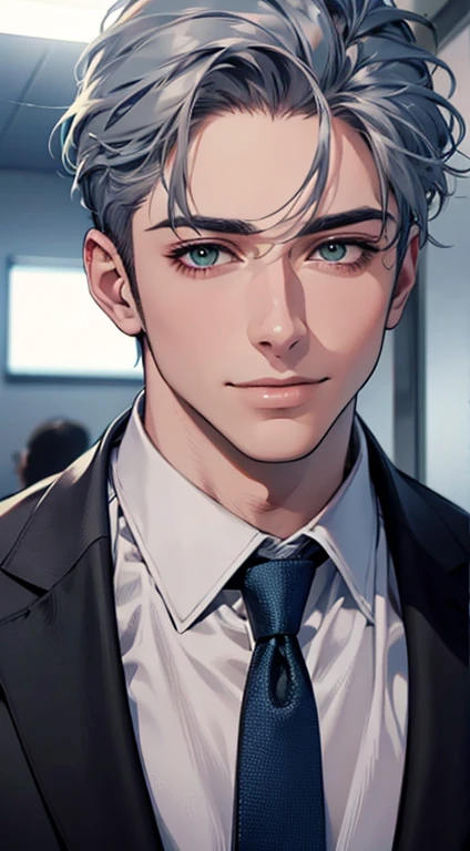 (Highest quality,4K,8K,High resolution,masterpiece:1.2),Super detailed,(Realistic,photoRealistic,photo-Realistic:1.37),1 person,31 years old,Mature Men,Beautiful skin、very handsome,Expressionless smile in love,Short gray blue hair,green eyes,Sharp Eyes,A perfect face without a doubt,Businessman,Office Background,Cinema Lighting,HDR image,tie、
