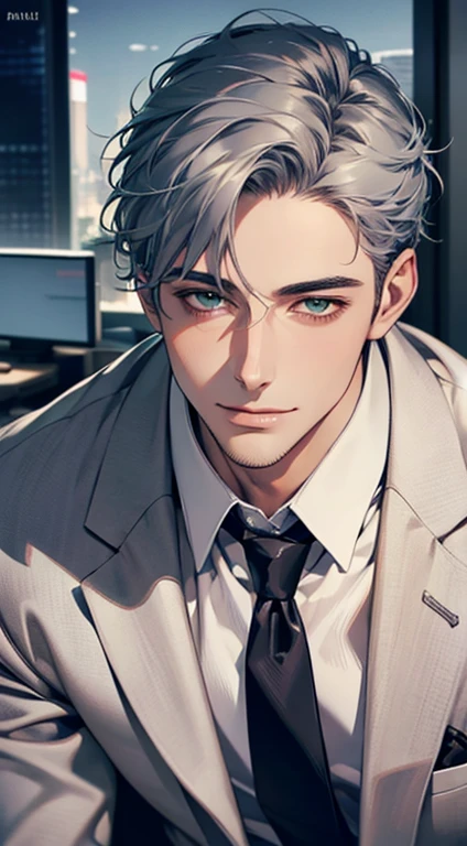 (Highest quality,4K,8K,High resolution,masterpiece:1.2),Super detailed,(Realistic,photoRealistic,photo-Realistic:1.37),1 person,31 years old,Mature Men,Beautiful skin、very handsome,Expressionless smile in love,Short gray blue hair,green eyes,Sharp Eyes,A perfect face without a doubt,Businessman,Office Background,Cinema Lighting,HDR image,tie、