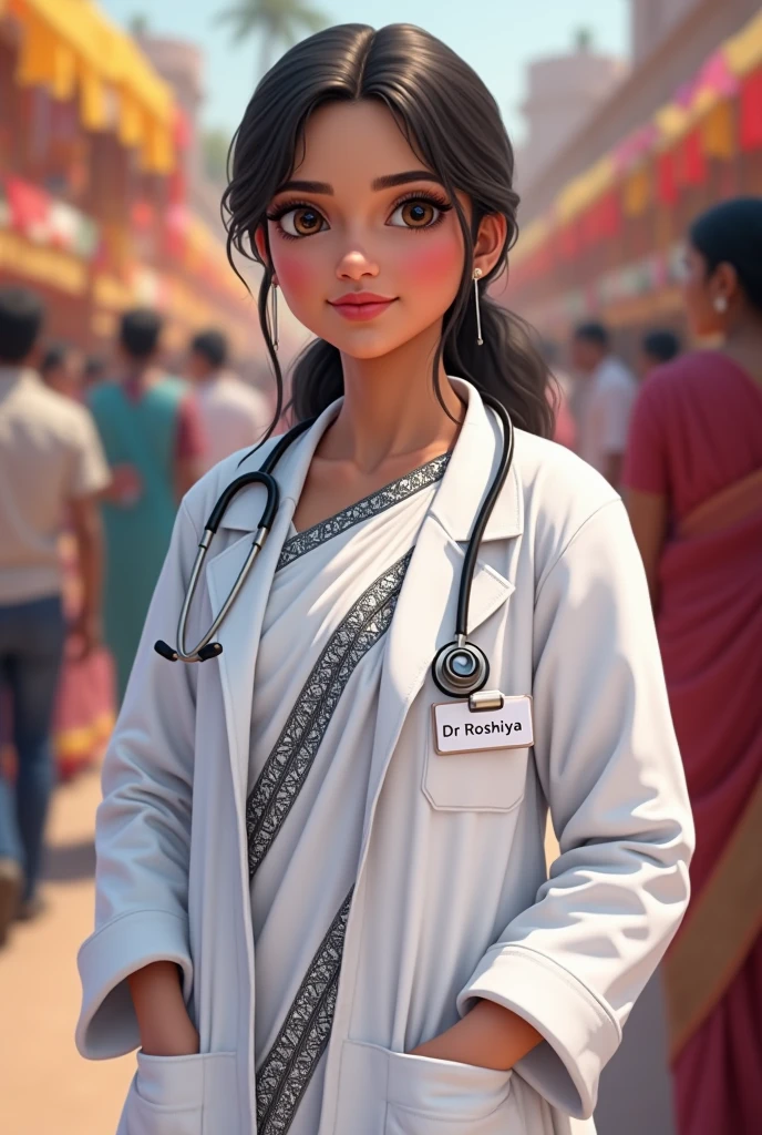 A indian fair girl wear saree. Saree is white in colour and it has black lines and she wear a white doctor coat too. She wear stethescope on her neck. Her coat has a name batch which is named "Dr. Roshiya" 