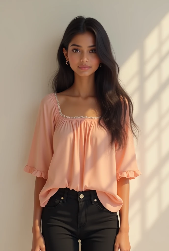 A simple indian girl wear peach color top and black pant

