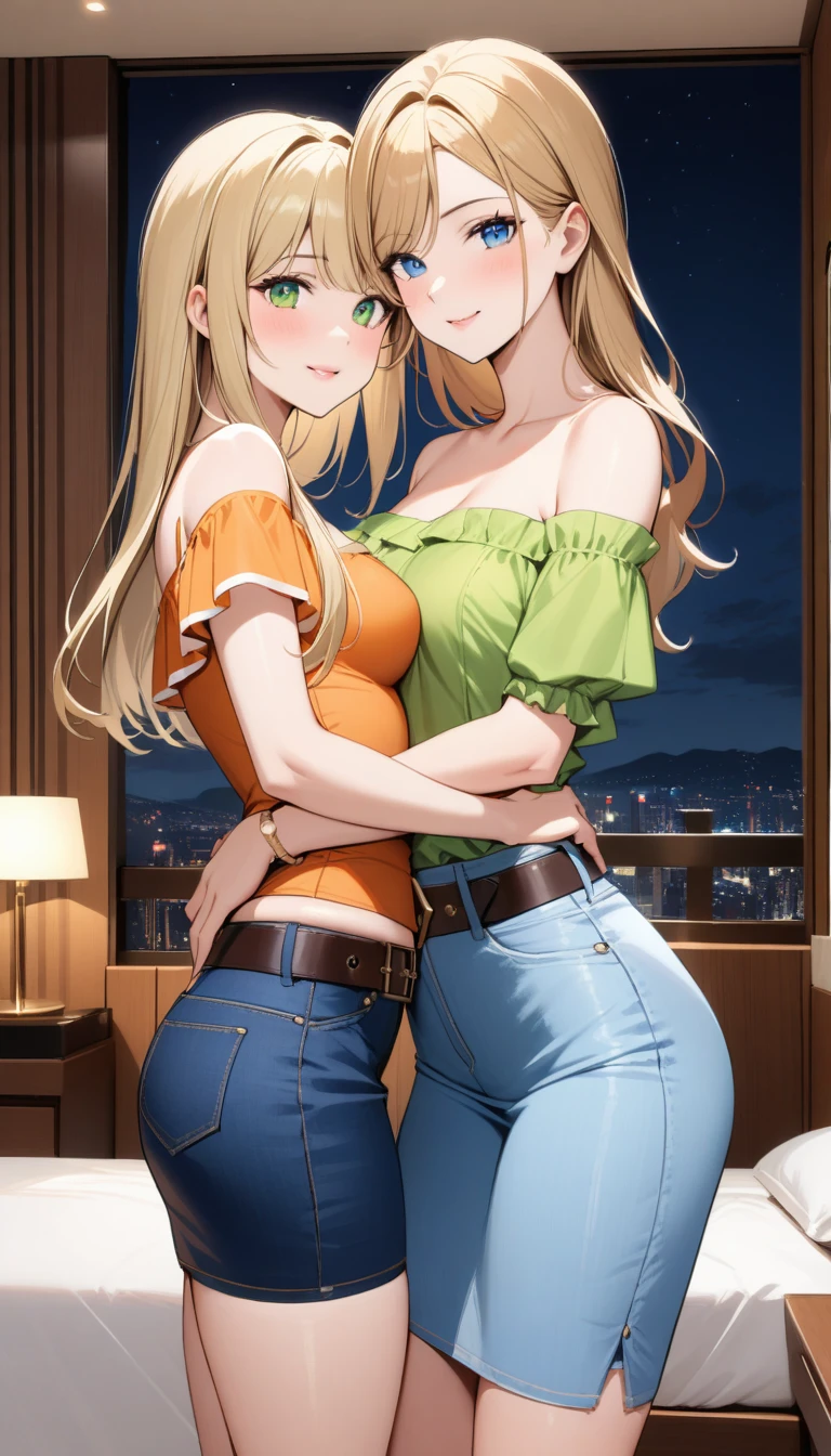 Two beautiful ladies ((lady 1: 35y old mom, with short straight blonde hair, lady 1 with blue eyes and caucasian skin, lady 1 wearing Tight Denim Skirt and Leather Belt, lady 1 Sexy Off-Shoulder Short Sleeves Orange Blouse)), ((lady 2: y old daughter, with short straight blonde hair, lady 2 with blue eyes and caucasian skin, lady 2 wearing Tight Denim Skirt and Leather Belt, lady 2 Sexy Off-Shouder Short Sleeves Dark Green Blouse)), luxurious jewelry, 18k gold wedding ring on left hand, standing in their bedroom at night, hugging and kissing each other, (light brown lipstick), (elegant mascara), (slim body), (small breasts), (wide hips), endjourney, <lora:GoodHands-, <lora:GoodLegs-, UHD, high resolution, (expressive eyes, perfect face, full body, expressive face, perfect body, perfect pussy, athletic, fit, slim body, blushing, Perfect makeup, eyeliner, beautiful eyelashes, smiling, horny face), ((best illumination, best shadows)), ((sexy pose))