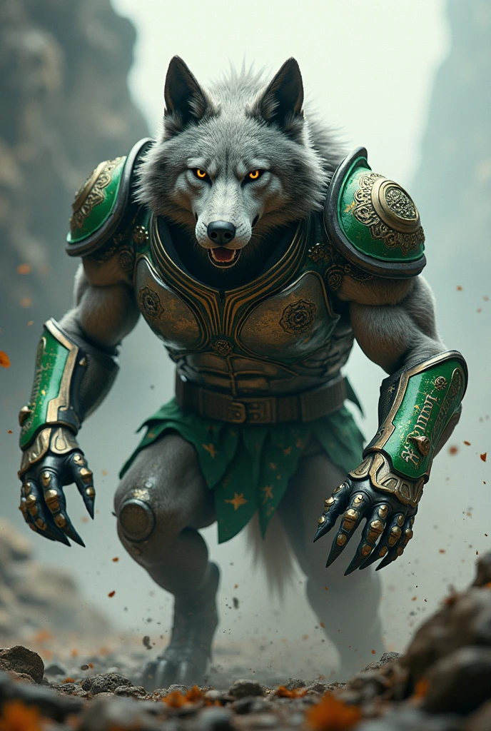 (photorealism:1.2), beast wolf , Heineken armor,shooting up