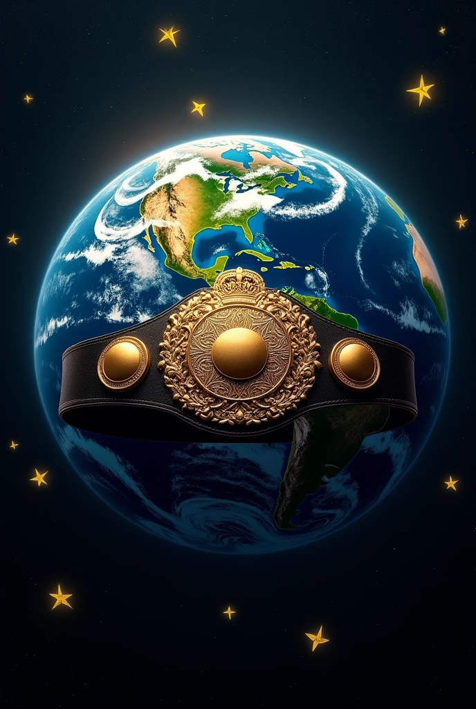 Boxing belt below planet earth with black background and golden stars 