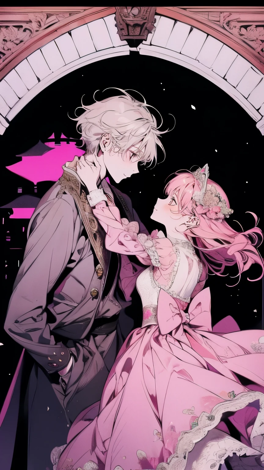 Princess、Prince、Pink long dress、Dance、Castle、smile