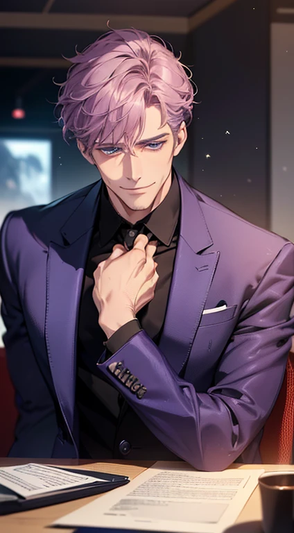 (best quality, masterpiece, 8K, photorealistic, cinematic lighting, 1:4 hdr image, ultra detailed, beautiful image), a mature man, 35 years very handsome, ((cold expression smile in love)), short  purple hair, blue eyes, face perfect without mistakes, ((buttoning his jacket, CEO)), smile.