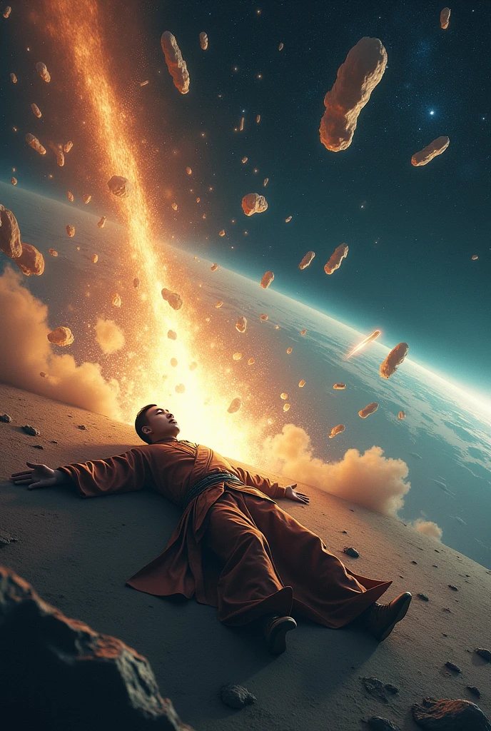 In the Universe，Countless meteors are about to rush towards Earth，Earth is in the bottom right corner，A shooting star streaks in from the upper left corner，A man in ancient Chinese clothing lies flat, using his body to block the meteor as it hurtles toward Earth.，Sense of Brokenness