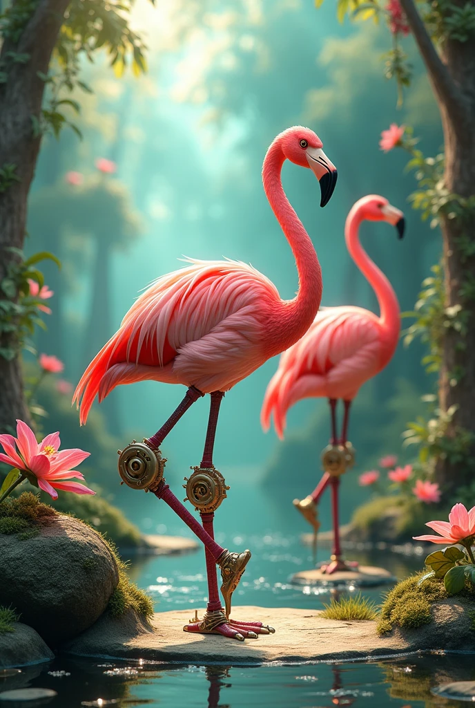 a world of pinks and teals,
Where flamingos dance on heels,
Gears turn with rhythmic grace,
In a clockwork, dreamlike space.

Feathers bright, in sunlight's gleam,
Mechanical wonders, like a dream,
Nature's whimsy, man's design,
In harmony, their colors shine.