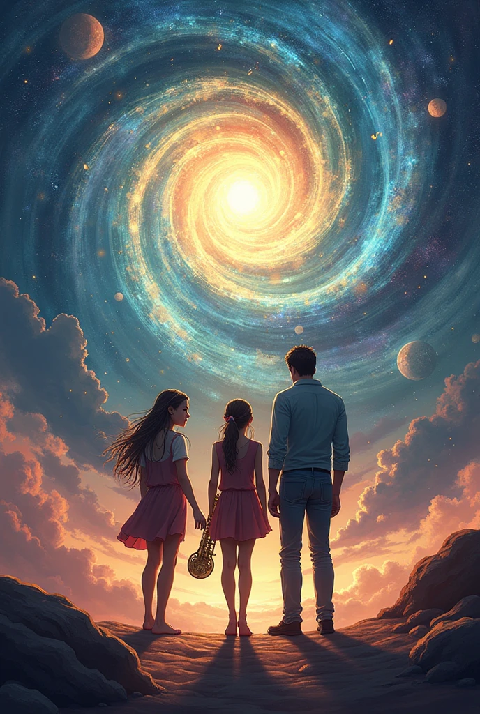 (pThe Melody of the Cosmos
Concept: The cover showcases a grand, swirling vortex of musical notes and cosmic energy, with the universe itself appearing to be shaped by the music. At the center of this vortex is Kara holding musical instrument, Ren her male best friend with a protective stance,her uncle Aric with a mysterious aura .The background is a blend of deep space and vibrant music notes, creating a sense of infinite possibilities.
Mood: Majestic, epic, and full of cosmic mystery,Dramatic, intense
Make an ebook covered based on this