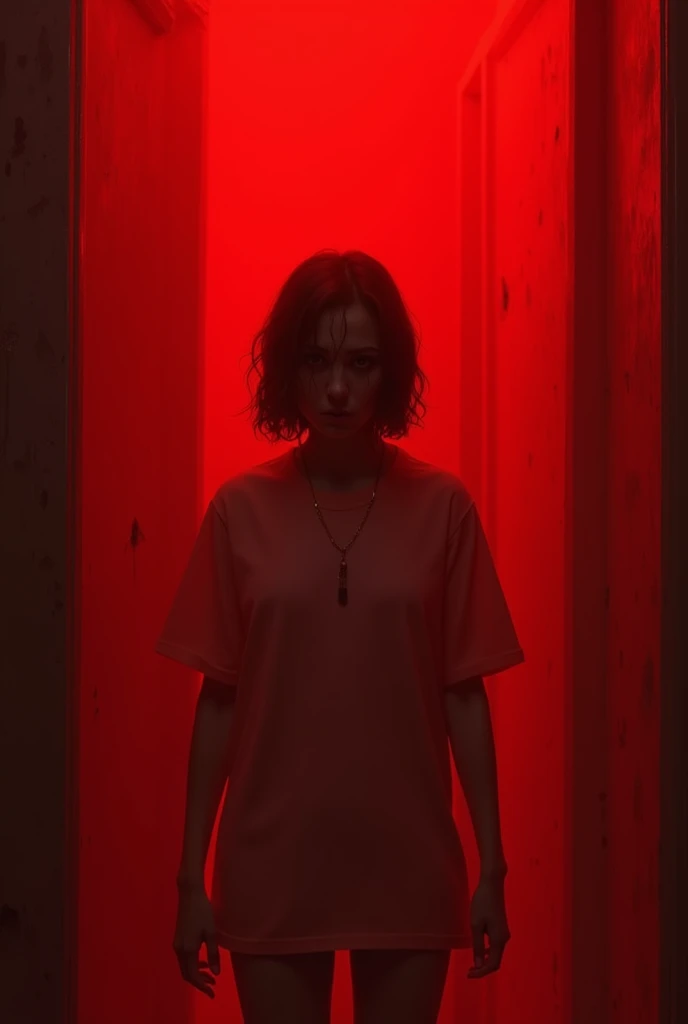 A person trapped in a red room, feeling anxious.