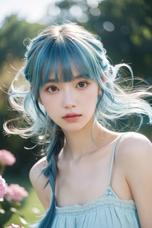 (masterpiece), (Highest quality), (Super detailed),(Disheveled Hair),(figure), (One person), (Fashionable clothes), Are standing, Fashion Model, View your viewers, (interview), (Simple Background),Beautiful attention to detail, Delicate and beautiful face, floating,(High saturation),(Colorful splashes),Colorful Bubbles,(The Shining), Focus on the face, ponytail, kamisato ayaka, Light blue hair, bangs, Hair Ring, Floating Flowers, Floating hair, (The Shining), Best lighting, Best Shadow,