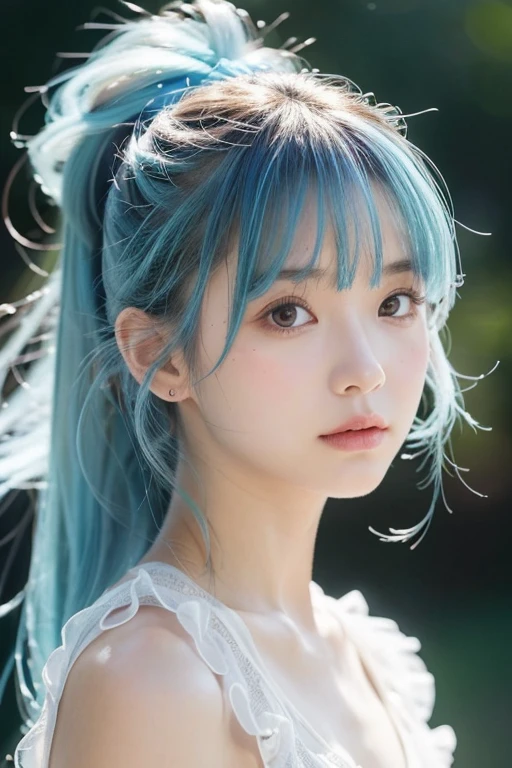 (masterpiece), (Highest quality), (Super detailed),(Disheveled Hair),(figure), (One person), (Fashionable clothes), Are standing, Fashion Model, View your viewers, (interview), (Simple Background),Beautiful attention to detail, Delicate and beautiful face, floating,(High saturation),(Colorful splashes),Colorful Bubbles,(The Shining), Focus on the face,  ponytail, kamisato ayaka, Light blue hair, bangs, Hair Ring, Floating Flowers, Floating hair, (The Shining), Best lighting, Best Shadow,