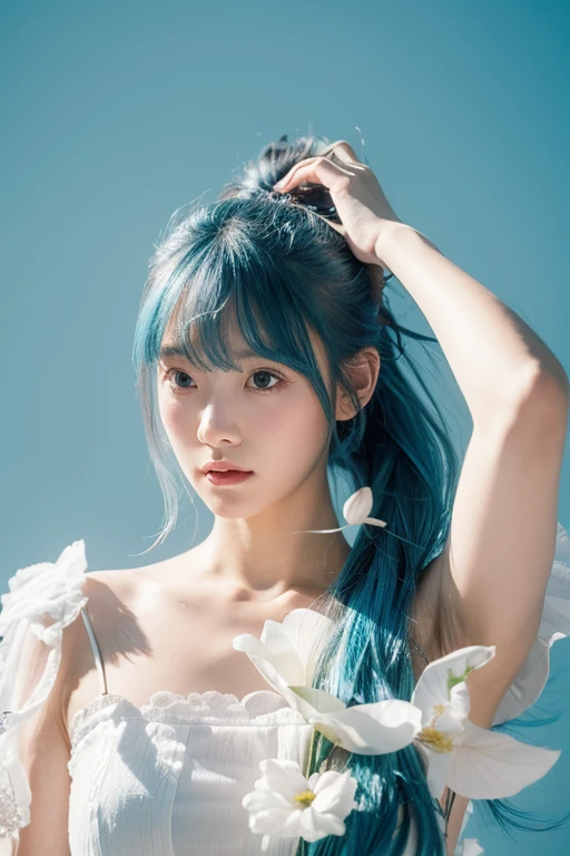 (masterpiece), (Highest quality), (Super detailed),(Disheveled Hair),(figure), (One person), (Fashionable clothes), Are standing, Fashion Model, View your viewers, (interview), (Simple Background),Beautiful attention to detail, Delicate and beautiful face, floating,(High saturation),(Colorful splashes),Colorful Bubbles,(The Shining), Focus on the face, ponytail, kamisato ayaka, Light blue hair, bangs, Hair Ring, Floating Flowers, Floating hair, (The Shining), Best lighting, Best Shadow,