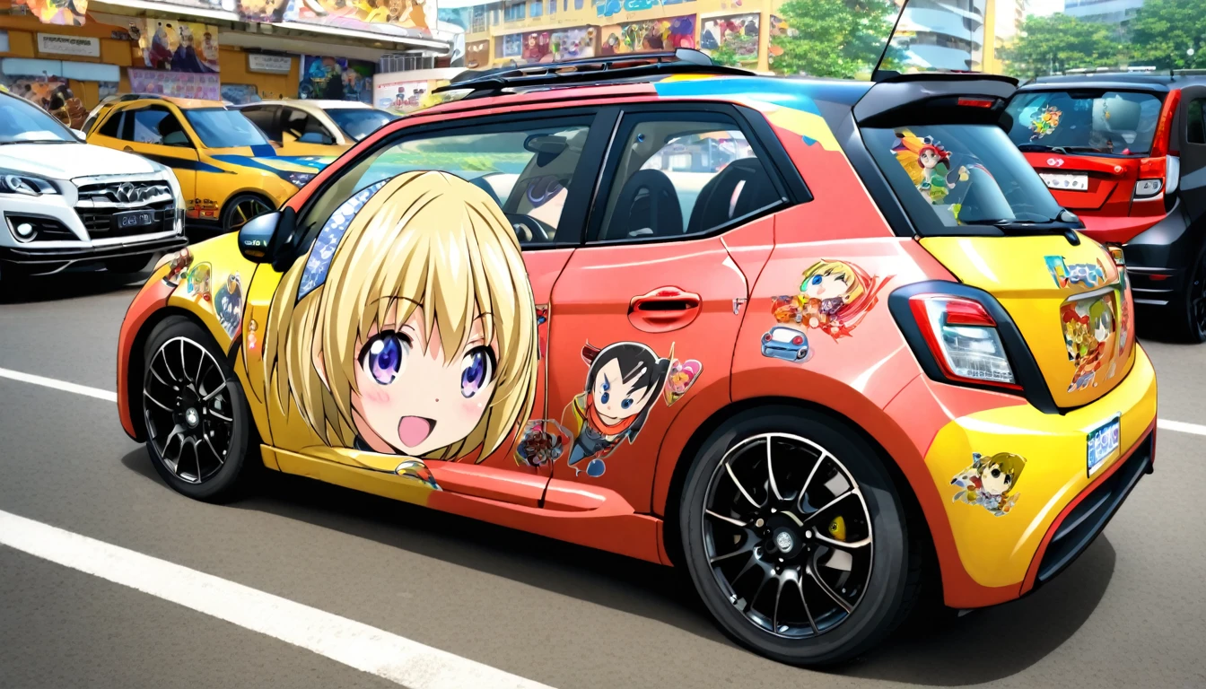 Anime Character Decoration Car, Car photography,  The car is vividly designed with anime character decals all over., Portraiture, Satoko Hojo, (blonde), short hair, hair band,