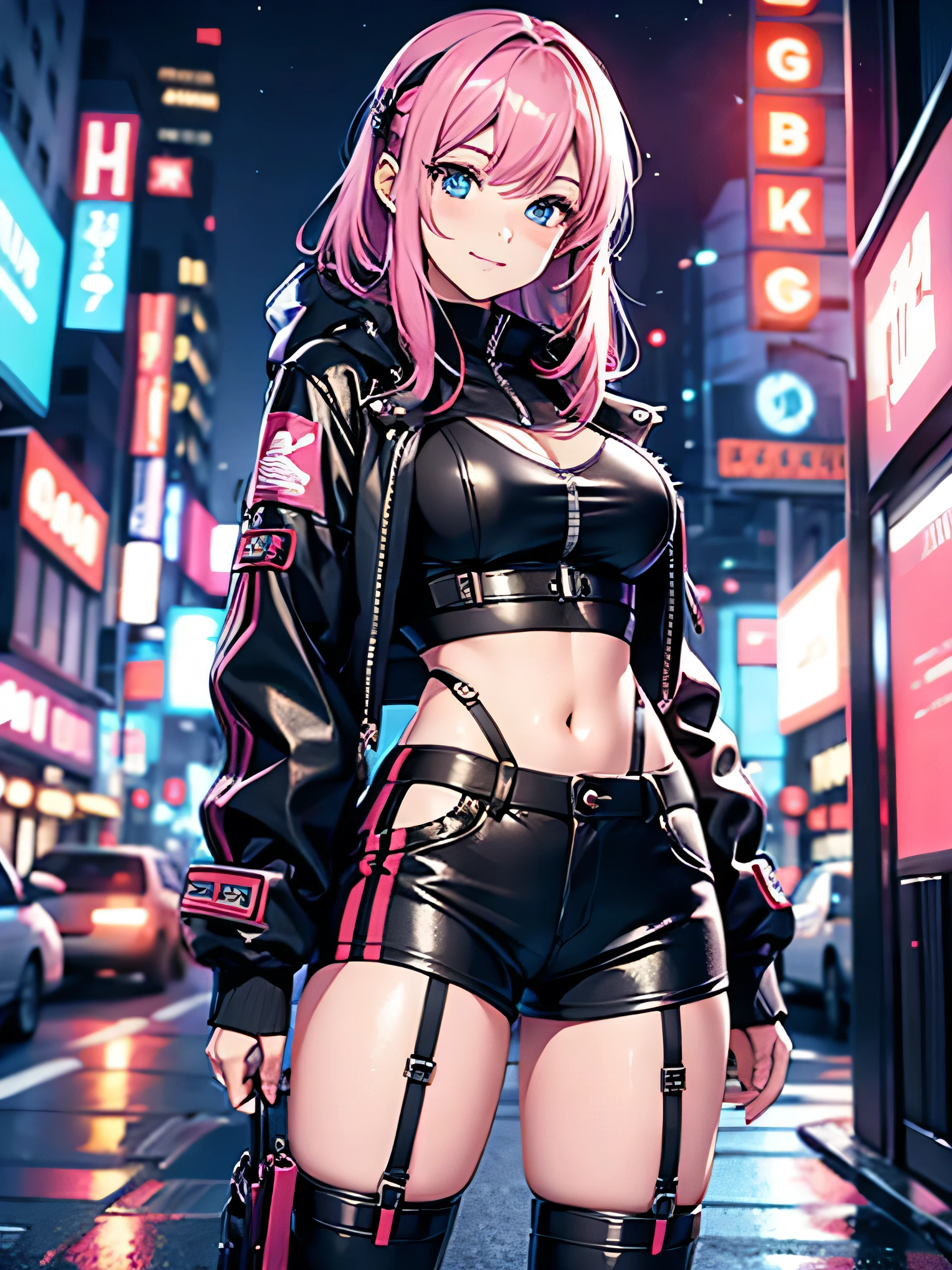 (anime artwork, anime style, studio anime, very detailed, up to date, vibrant, Anime Coloring, high contrast, masterpiece:1.2, best quality, best aesthetics),1 girl,cyber punk clothes, Medium chest, A glimpse of thighs,cyber punk hair, One eye is hidden by the bangs, perfect proportions, high detail skin, Cute, detailed faces, cutout between underboob and shirt,very short pleated miniskirt,makeup, smart phone, head phone to wear around the neck,