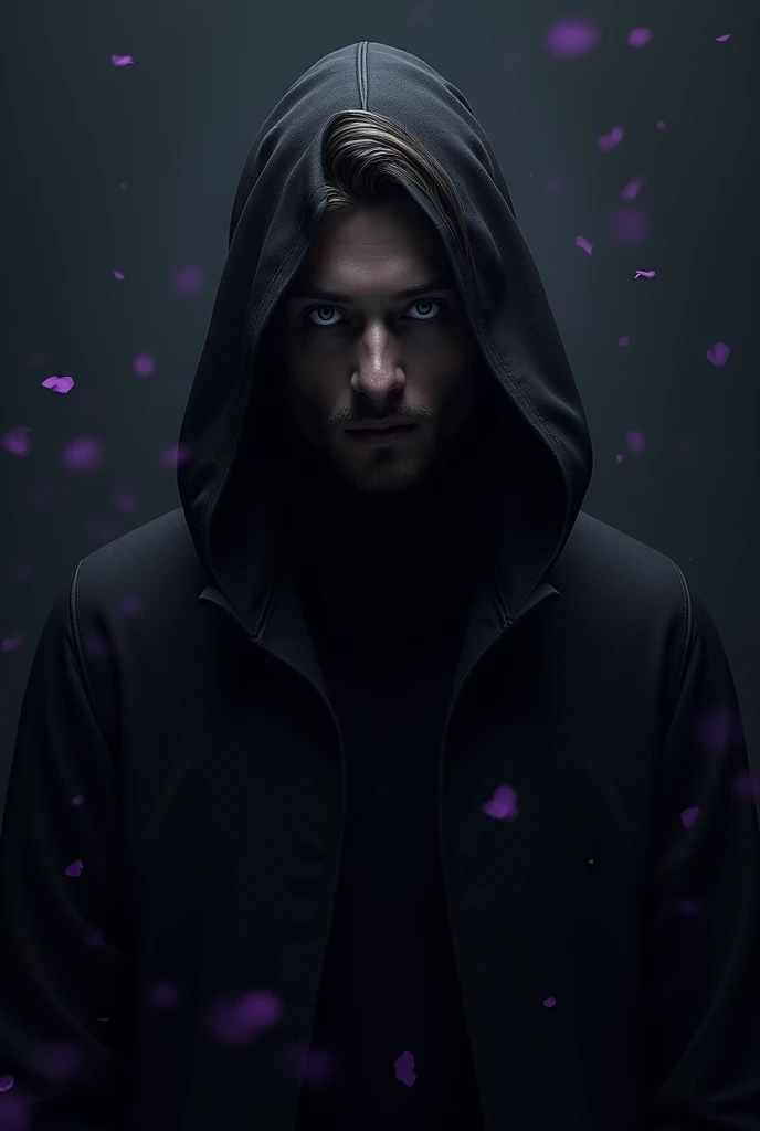 A man in black colour Only show his white eyes with best hair and purple colour in his around and back ground is black
