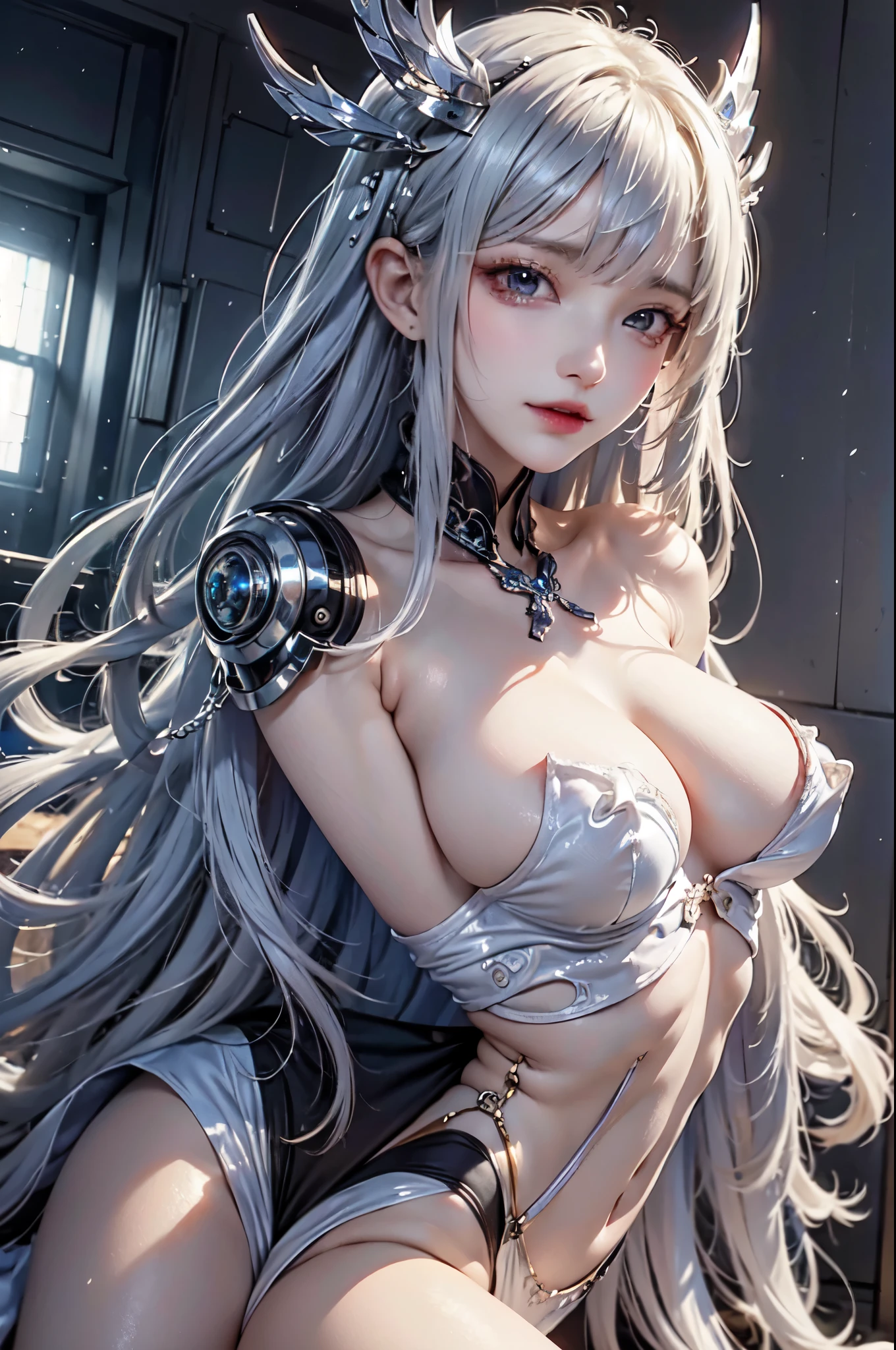 NSFW,((top quality、8k、masterpiece:1.3))Wears a silver-white mech，girl with delicate face，Highest image quality，Ultra-clear，Delicate and clear facial features，end of the world，Mechanical arm，Exquisitely detailed mechanical pattern,Cyberpunk characters、numbercity、number、century、throne、(((Completely naked)))