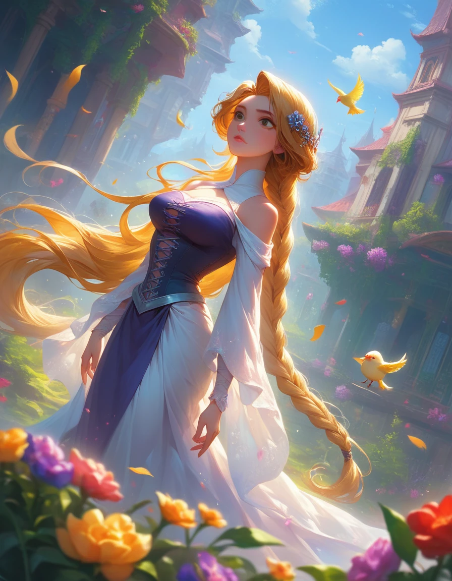 , super high quality, master part, Perfect illustration, extreme hight detail (Delicate light and shadow, highly dramatic picture,)Zhong Hua, 1 girl, standing alone, Hanfu, Kuno_Chinese_architechture, Campo de flowerses, flowers, (large breasted:1.2) (Realistic:1.4), zen entanglement, mandala, Tangled, offcial art, Unity 8k papel de parede, super verbose, beautiful and beautiful, master part, best quality, (Dynamic angle: 1.4), shining skin, (Floating colored flashes: 1) The most beautiful forms of chaos, chic, Fauvistdesign, shiny colors, romantic depth of field exotic_Dance, half_Kale, detailed street background