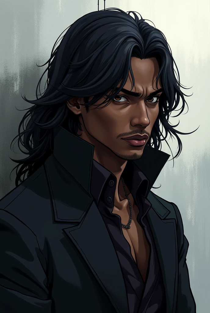 Black dude, high,serious, long black and handsome hair, anime style 
