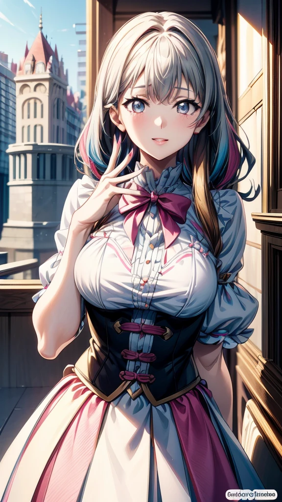 “(Best quality, masterpiece, ultra high definition, high resolution, HDR, Unity 8K wallpaper, beautiful details, depth, delicacy, vivid colors). A single girl in an anime style inspired by Epic Seven. She has beautifully detailed eyes, lips, and face, with long eyelashes. She wears a complex and revealing gal-style uniform with a mini skirt, featuring cute ribbon accessories. Her hair is multi-colored with striped, curly textures, blending rainbow hues with half white and half pink tones. The upper body is in focus, capturing her laughing expression. The image emphasizes her attractive, adorable appearance, with an erotically cute vibe. The girl’s hairstyle is distinct and different, adding uniqueness to her look. She has four fingers visible with a detailed thumb joint. The scene is rendered in ultra-high definition CG, ensuring every detail is vivid and sharp.”